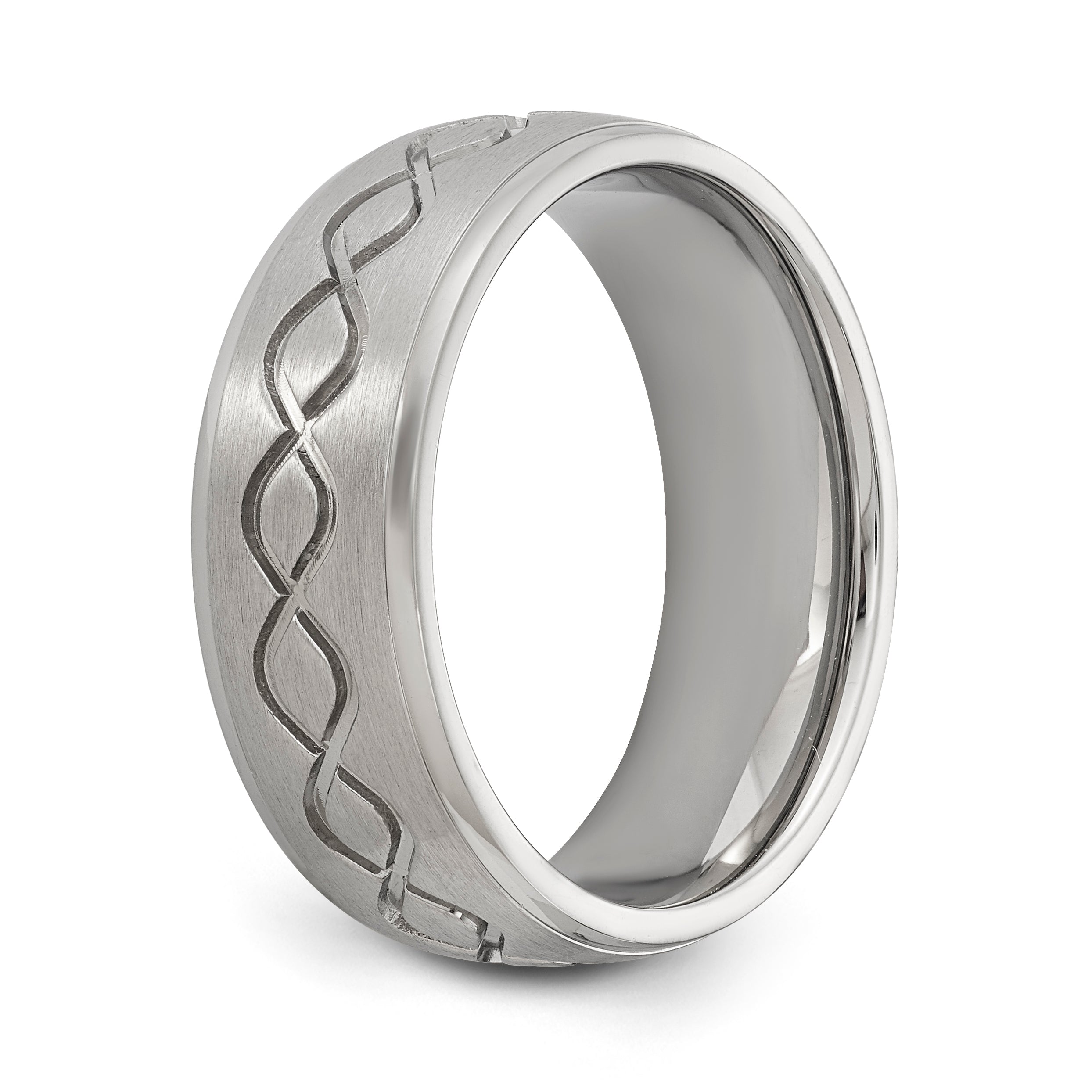 Stainless Steel Antiqued and Polished Fancy Design 8mm Ridged Edge Band