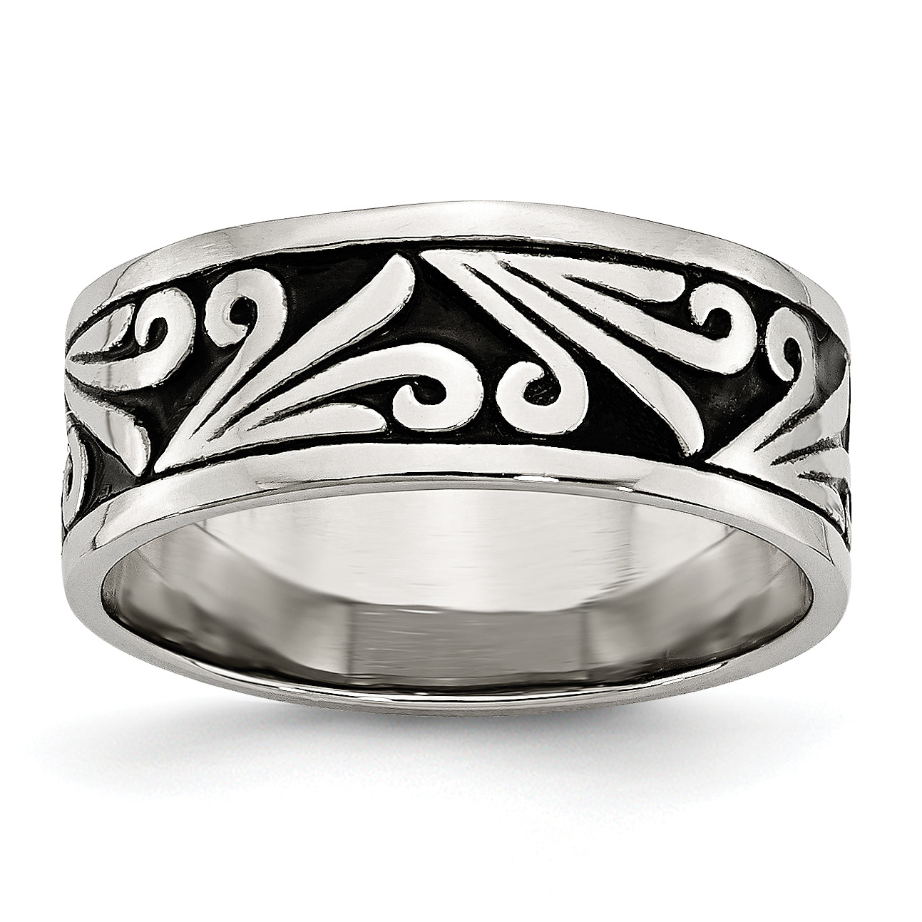 Stainless Steel Antiqued and Polished Fancy Design 8mm Ridged Edge Band Main image