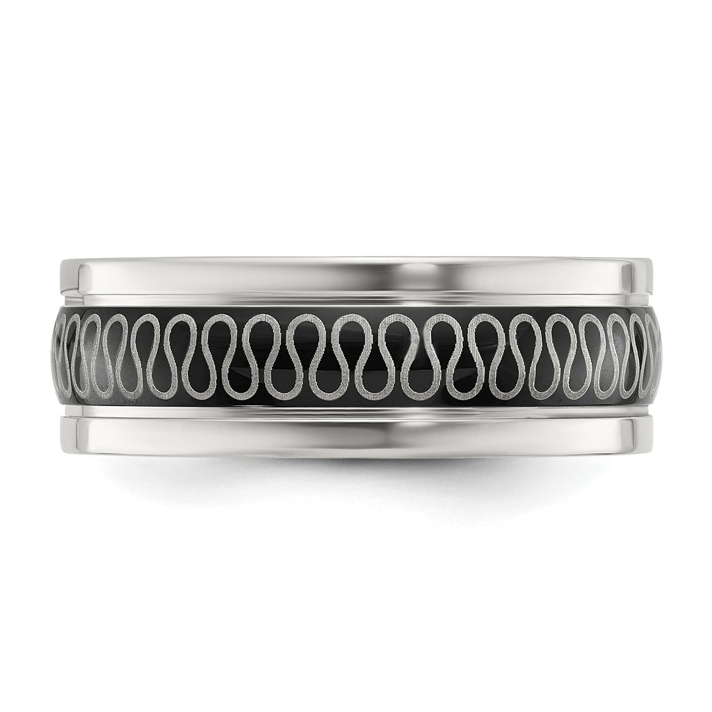 Black Swirl Pattern Wedding Band in Stainless Steel, 8mm