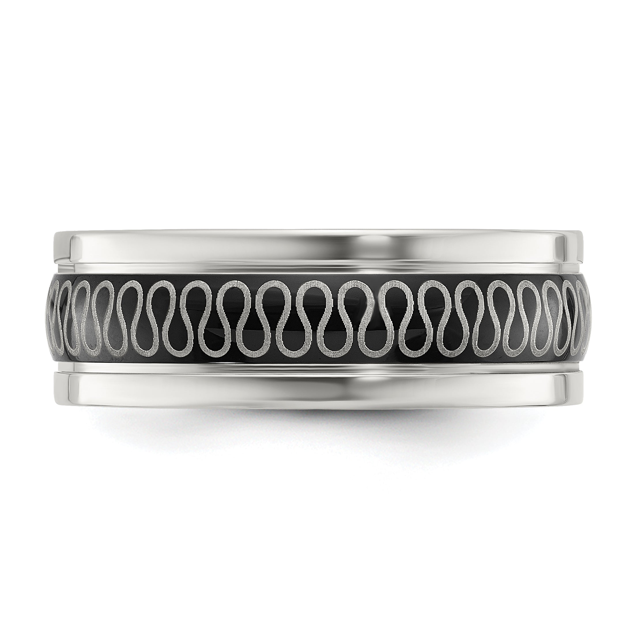 Black Swirl Pattern Wedding Band in Stainless Steel, 8mm