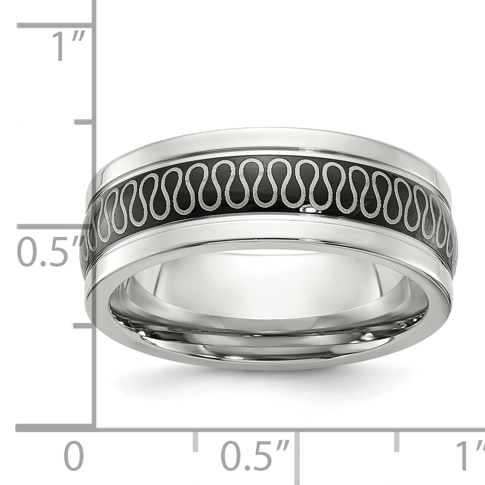 Black Swirl Pattern Wedding Band in Stainless Steel, 8mm