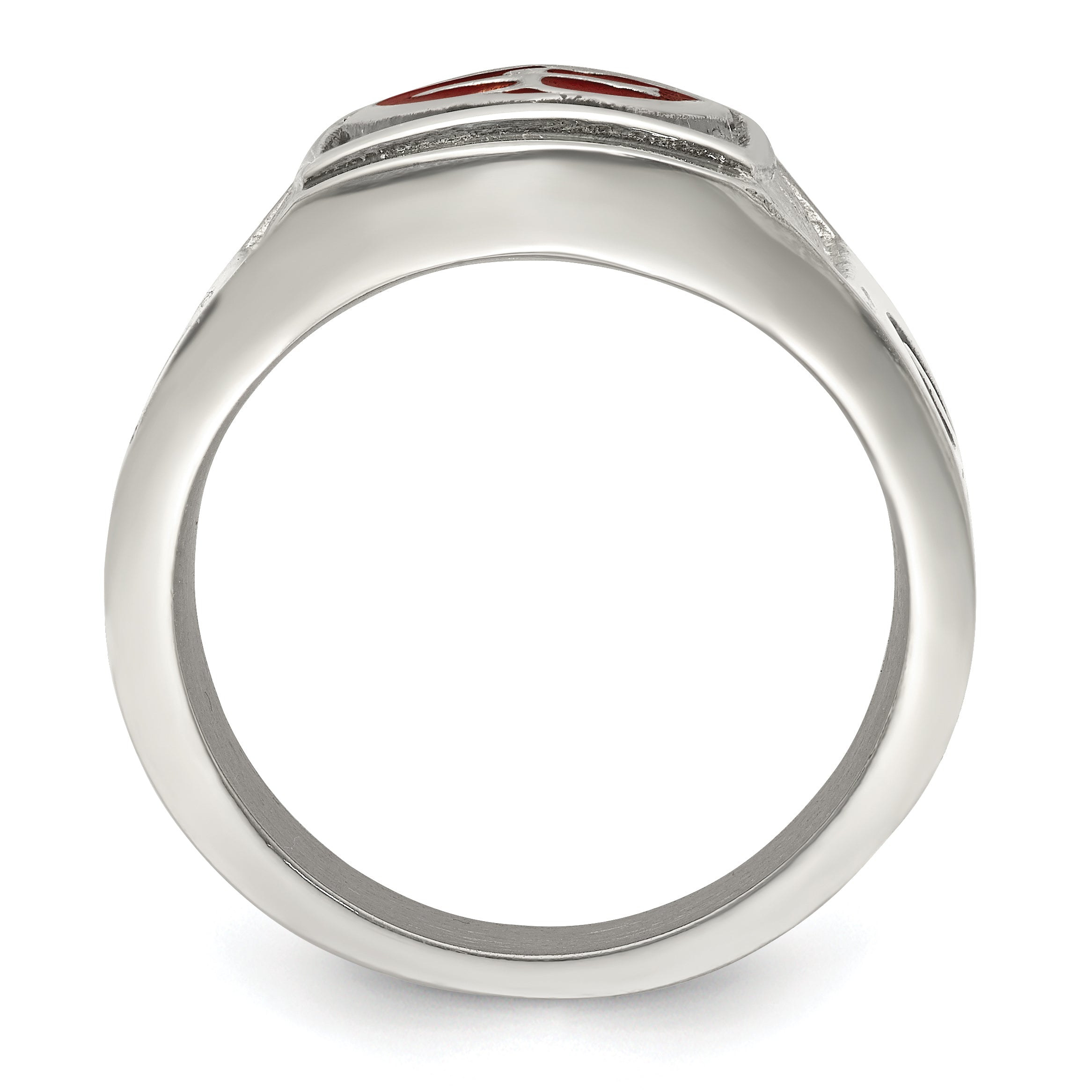 Stainless Steel Antiqued and Polished with Red Enamel Cross and Shield Ring Secondary image
