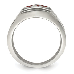 Stainless Steel Antiqued and Polished with Red Enamel Cross and Shield Ring