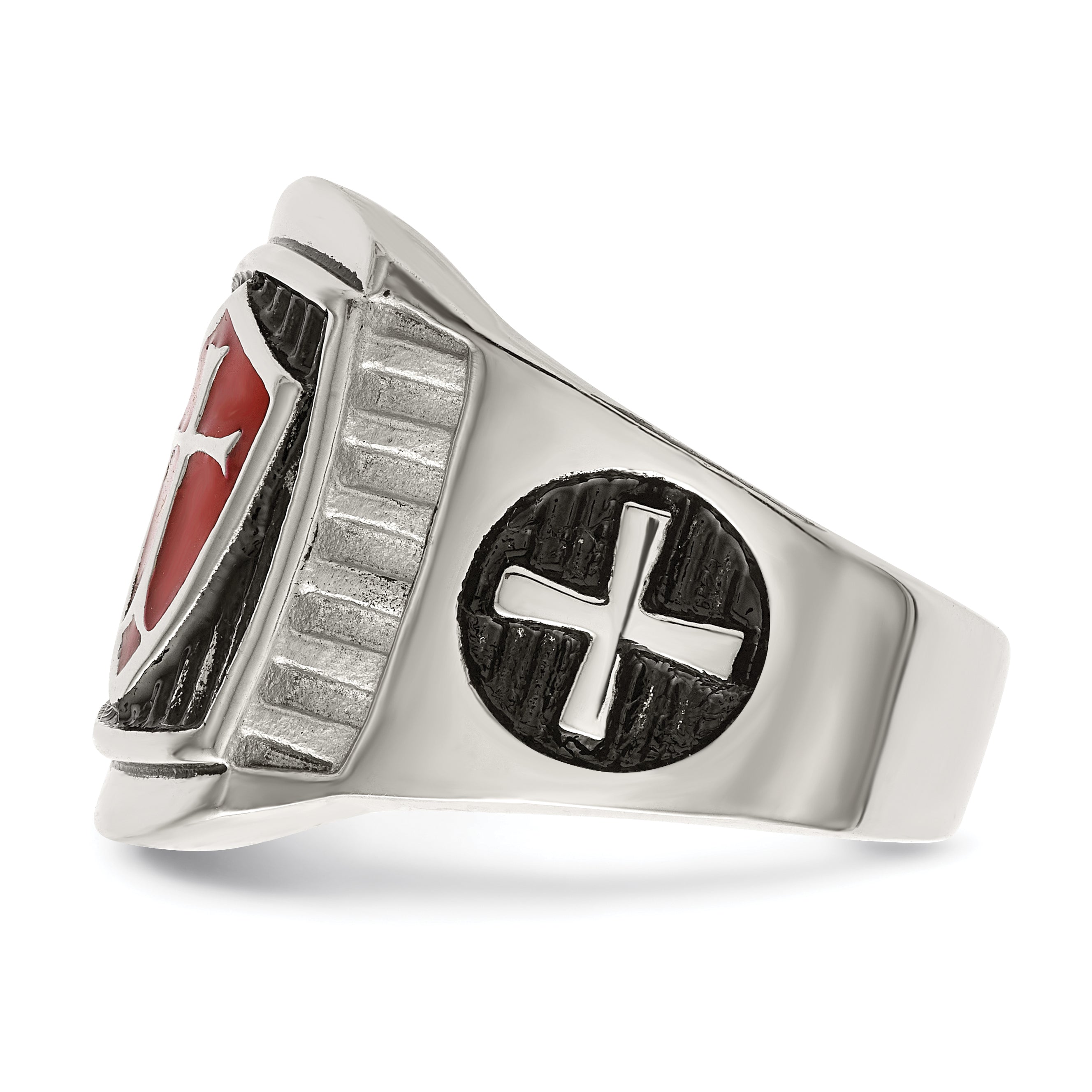 Stainless Steel Antiqued and Polished with Red Enamel Cross and Shield Ring