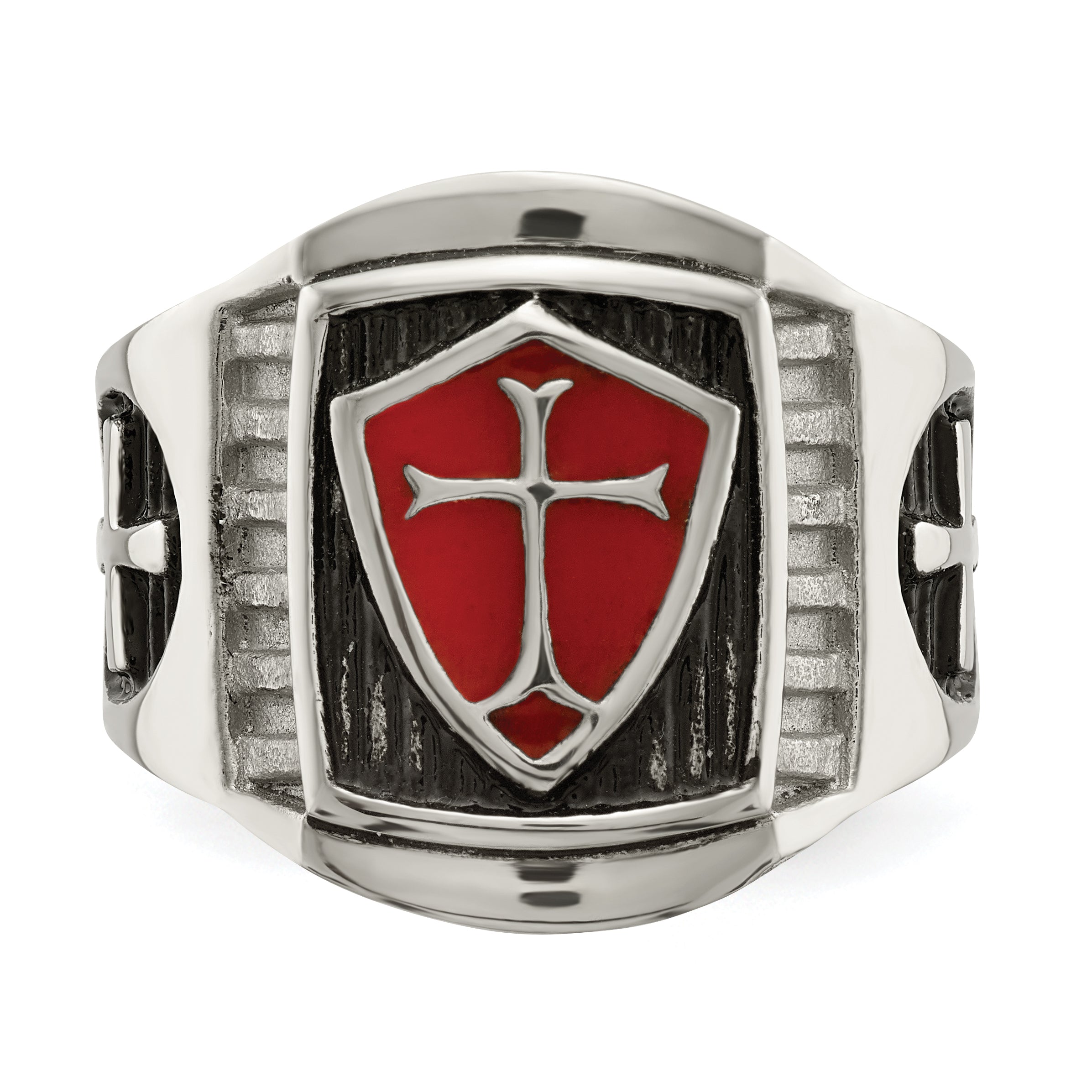 Stainless Steel Antiqued and Polished with Red Enamel Cross and Shield Ring