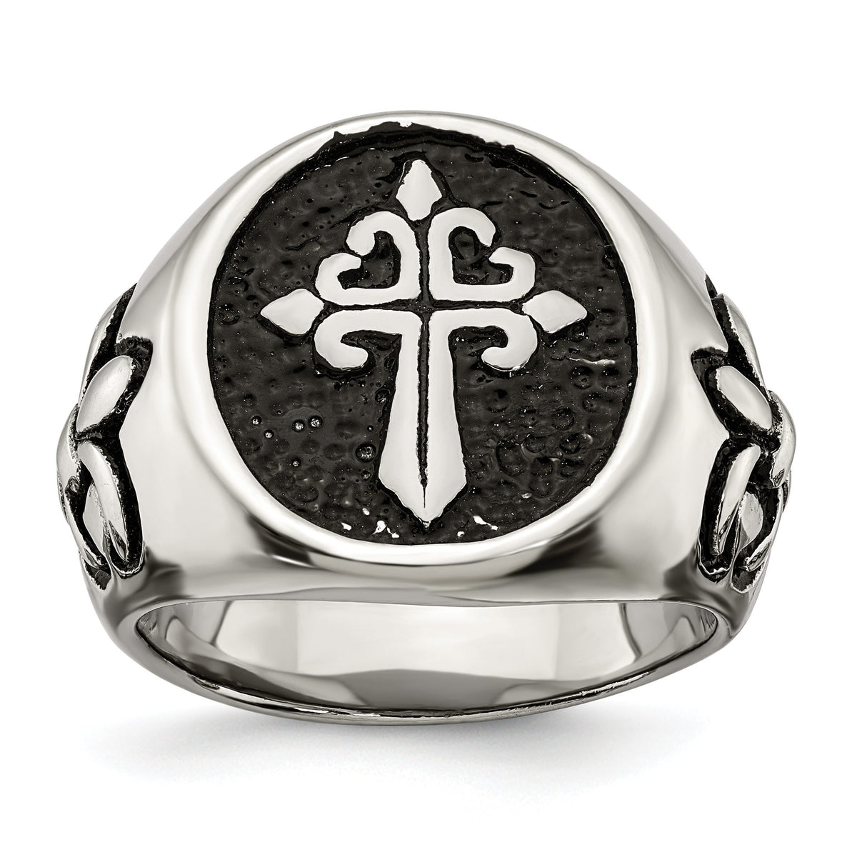 Chisel Men's Fleur-de-Lis Cross Ring in Stainless Steel, Antiqued & Polished, Size 9–12 - Sophia Jewelers Main image