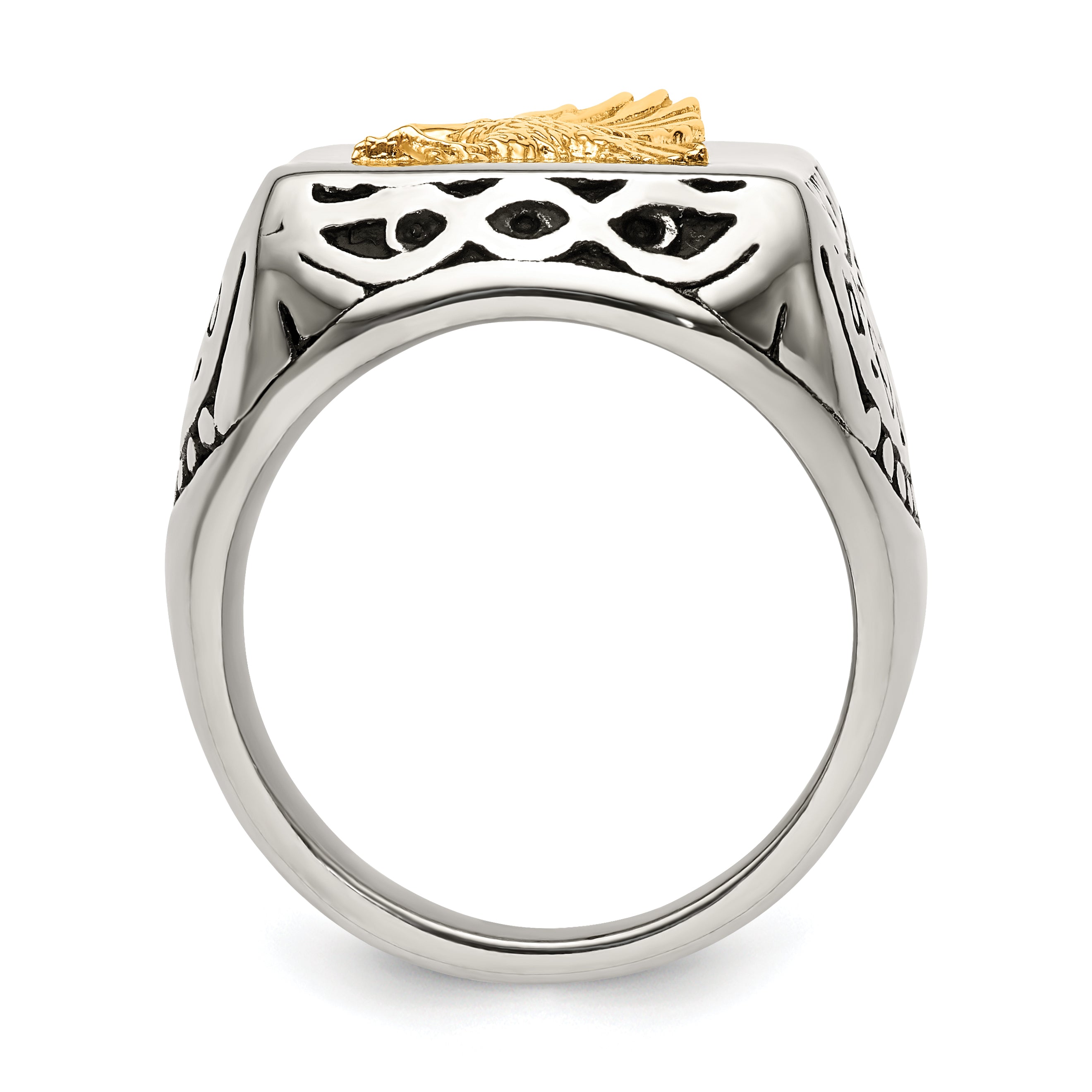 Stainless Steel with 14k Gold Accent Antiqued and Polished Eagle Ring