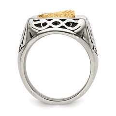 Stainless Steel with 14k Gold Accent Antiqued and Polished Eagle Ring