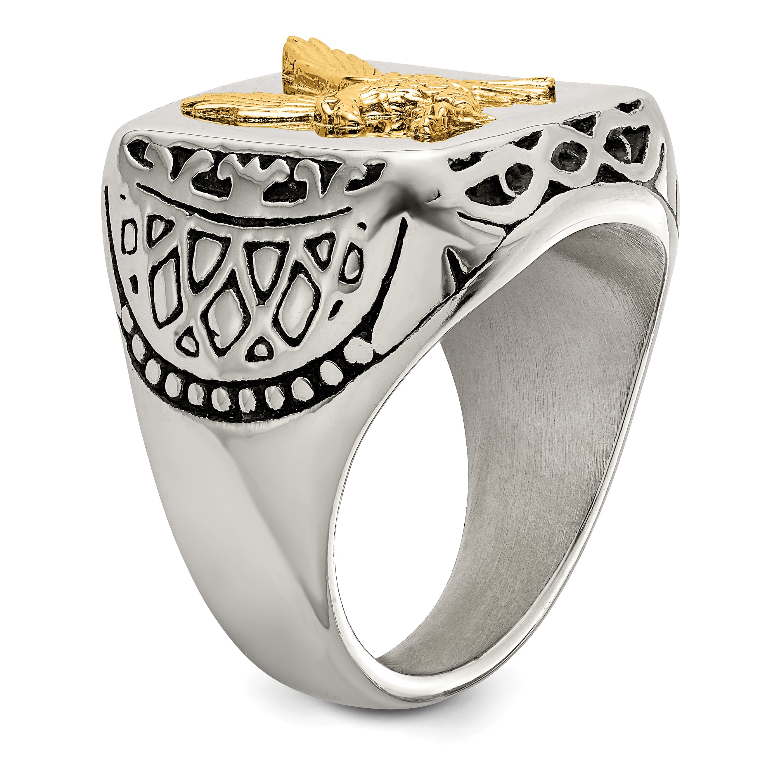 Stainless Steel with 14k Gold Accent Antiqued and Polished Eagle Ring