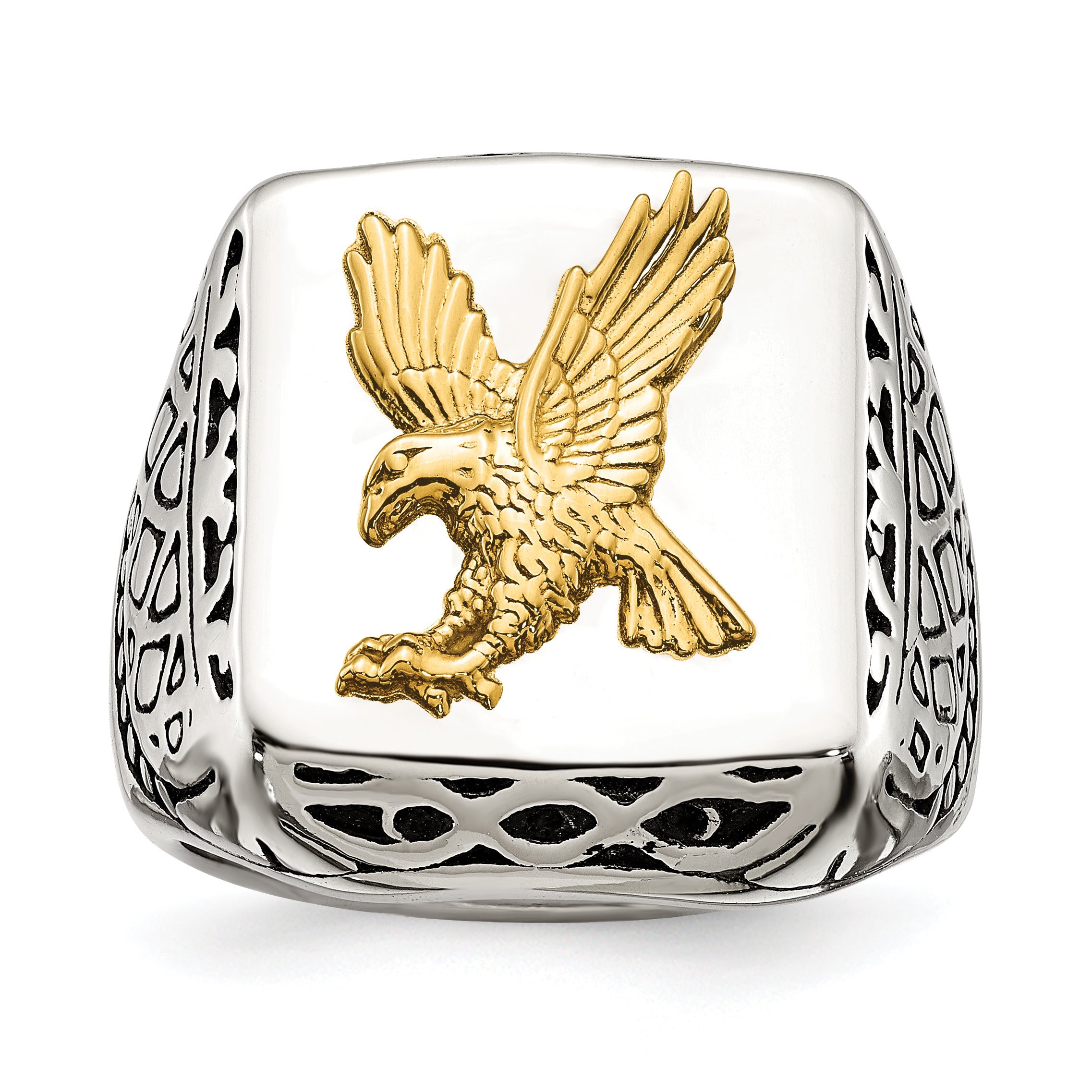 Stainless Steel with 14k Gold Accent Antiqued and Polished Eagle Ring