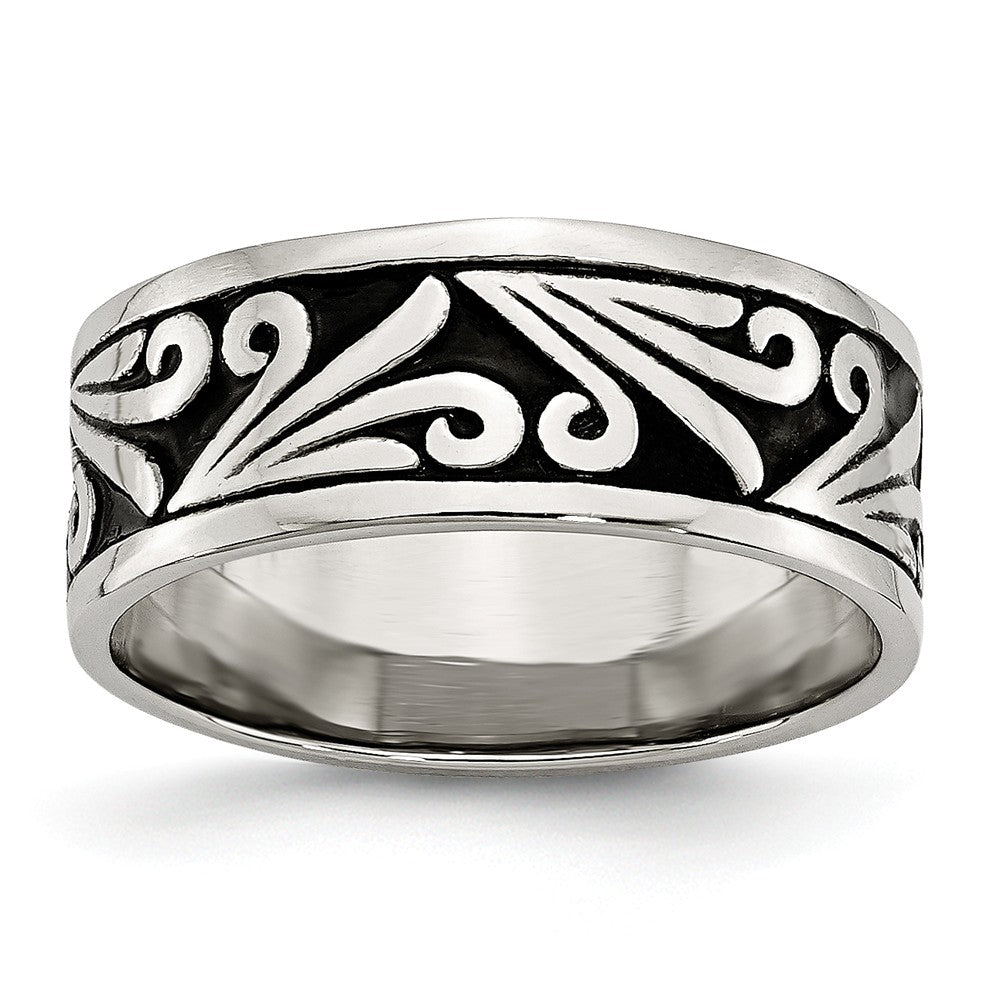 Stainless Steel 8mm Ridged Edge Engravable Wedding Band Antiqued Elegance - 7 - 7