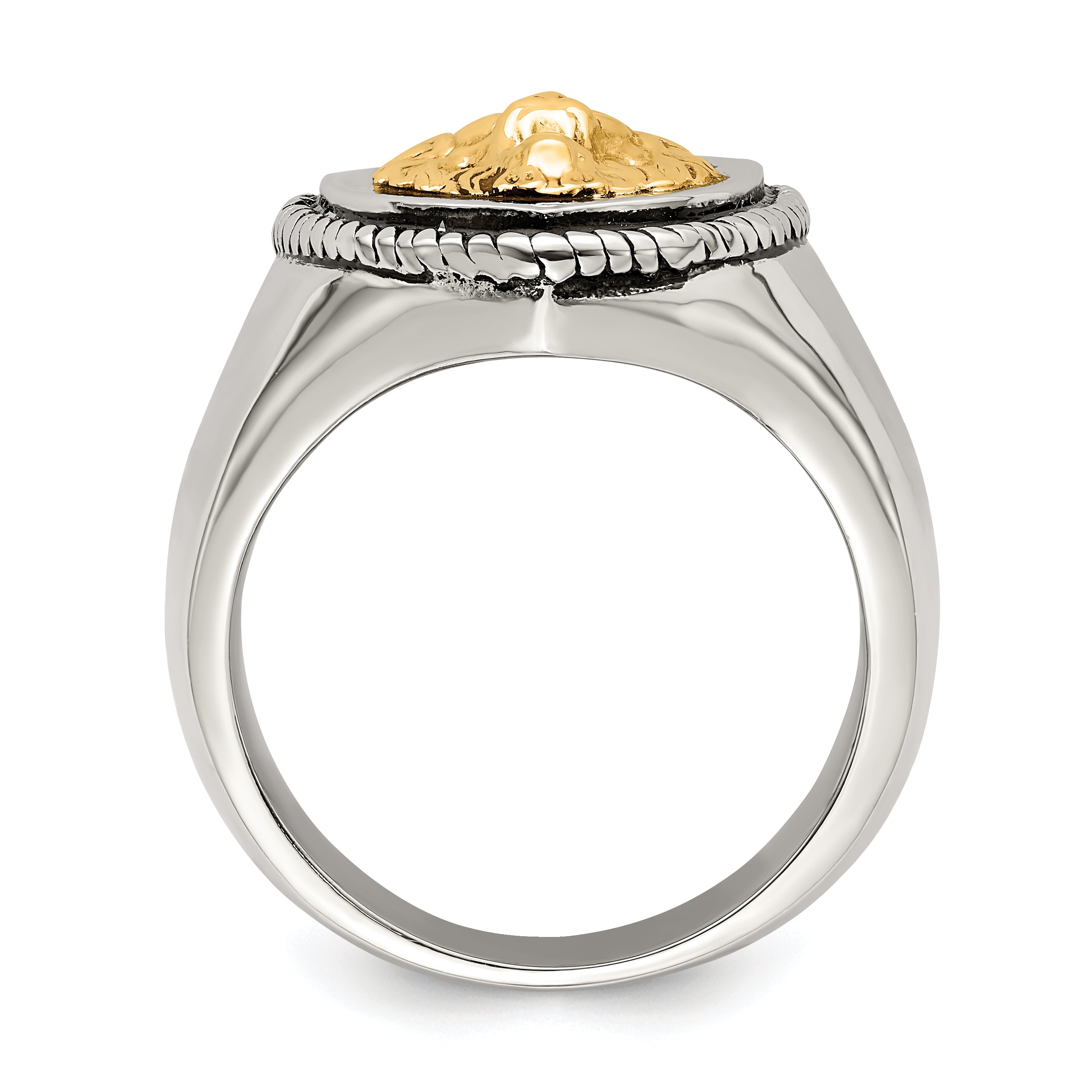 Stainless Steel with 14k Gold Accent Antiqued and Polished Lion on Shield Ring Secondary image
