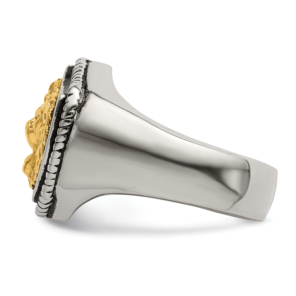 Stainless Steel with 14k Gold Accent Antiqued and Polished Lion on Shield Ring
