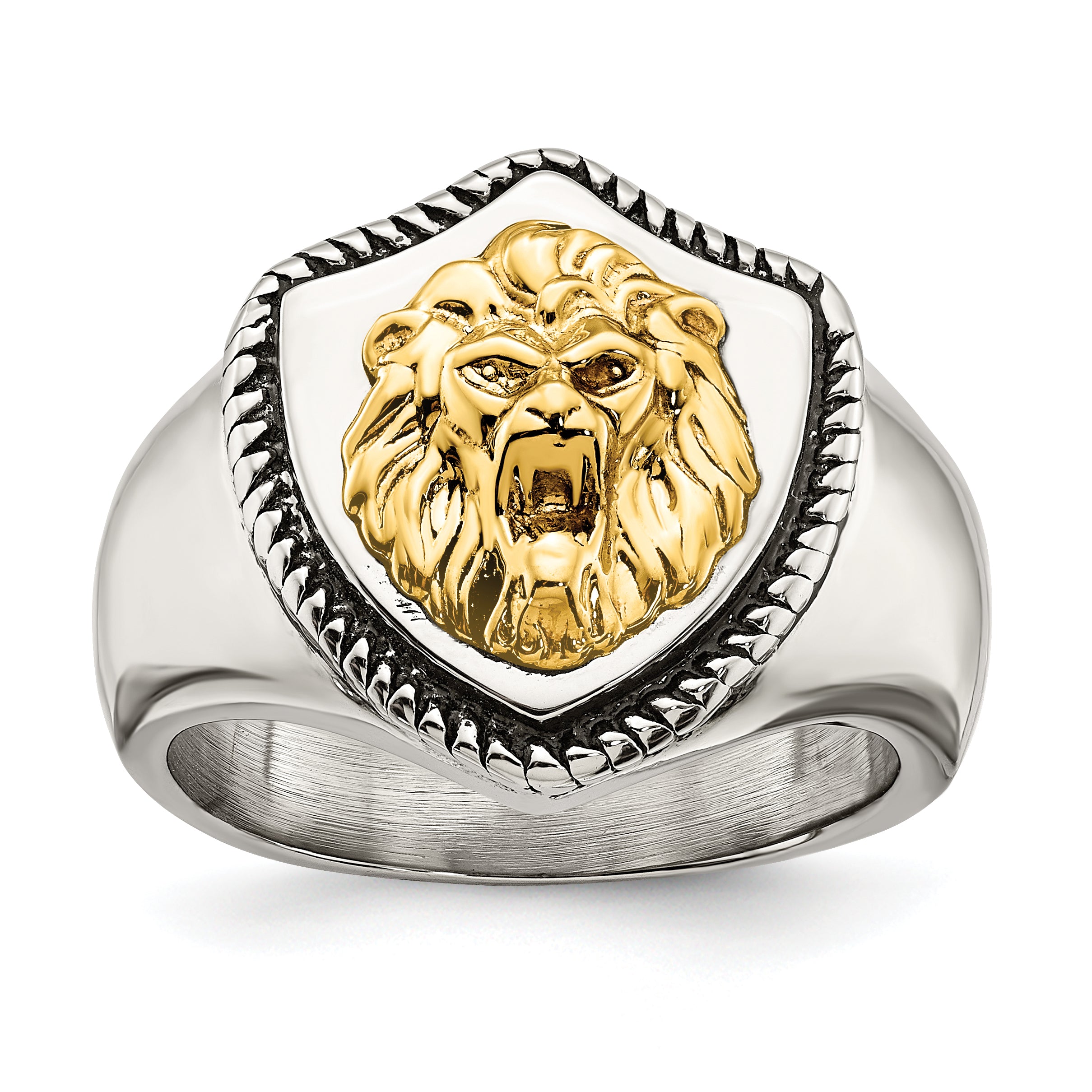 Stainless Steel with 14k Gold Accent Antiqued and Polished Lion on Shield Ring Main image