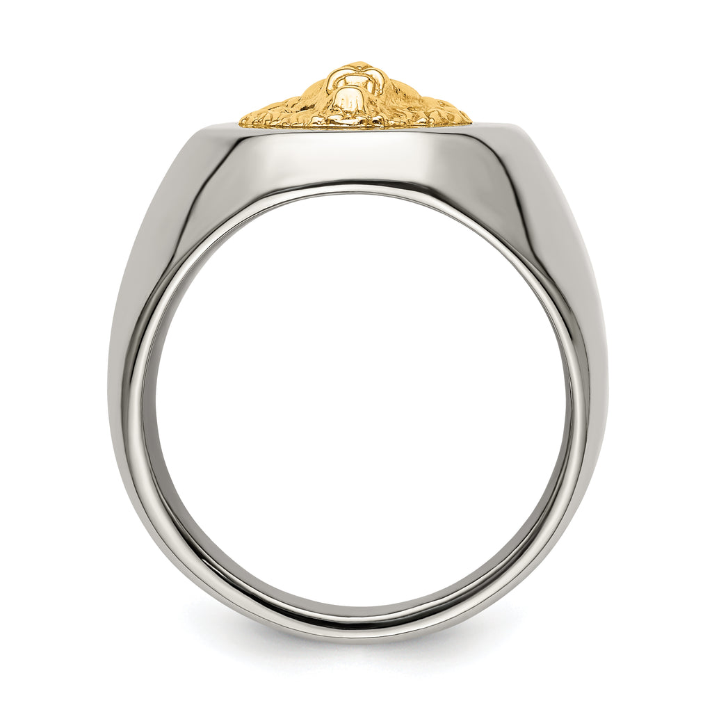 Stainless Steel with 14k Gold Accent Polished Lion Head Ring