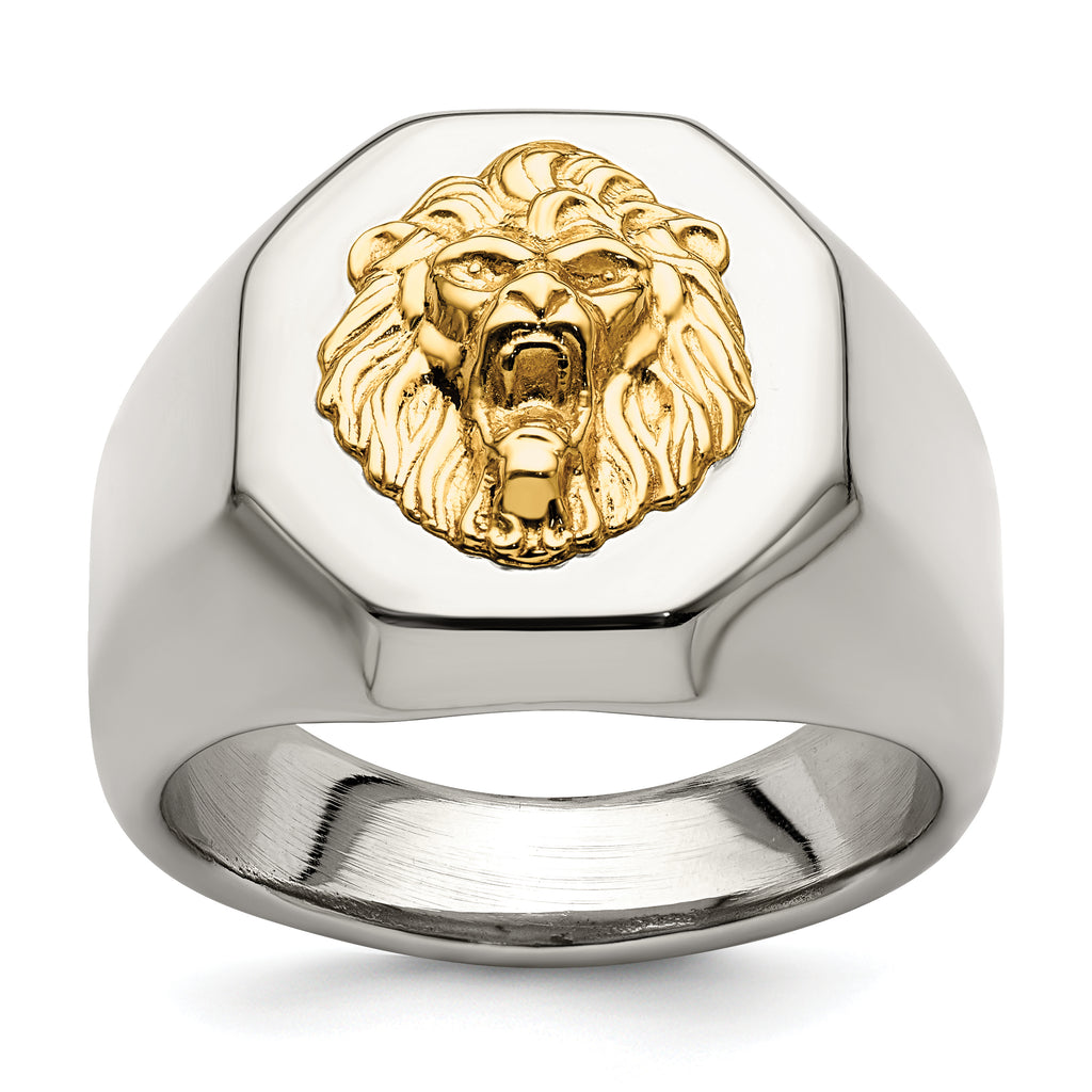 Stainless Steel with 14k Gold Accent Polished Lion Head Ring