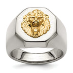 Stainless Steel with 14k Gold Accent Polished Lion Head Ring