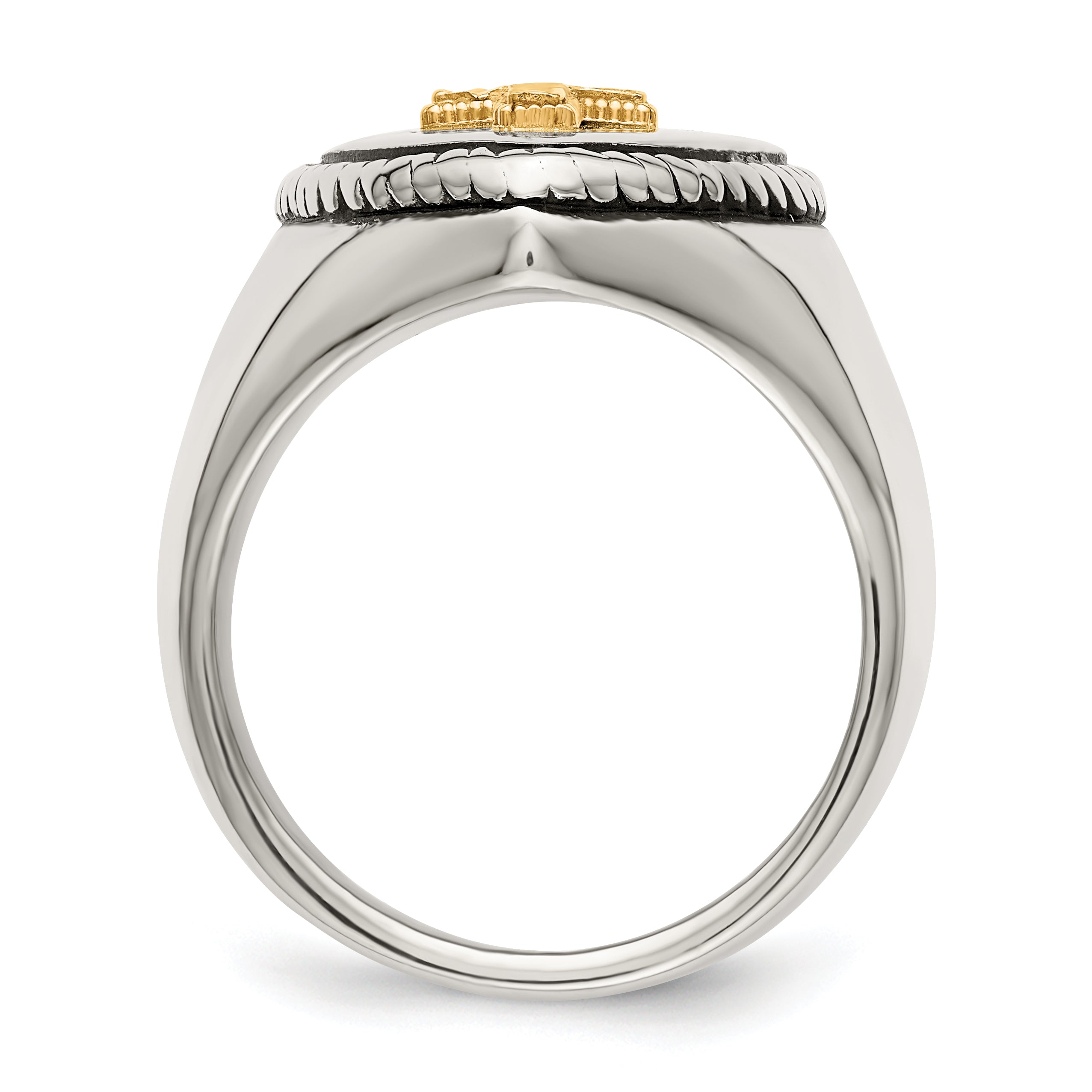Stainless Steel with 14k Gold Accent Antiqued and Polished Cross on Shield Ring Secondary image