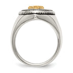 Stainless Steel with 14k Gold Accent Antiqued and Polished Cross on Shield Ring