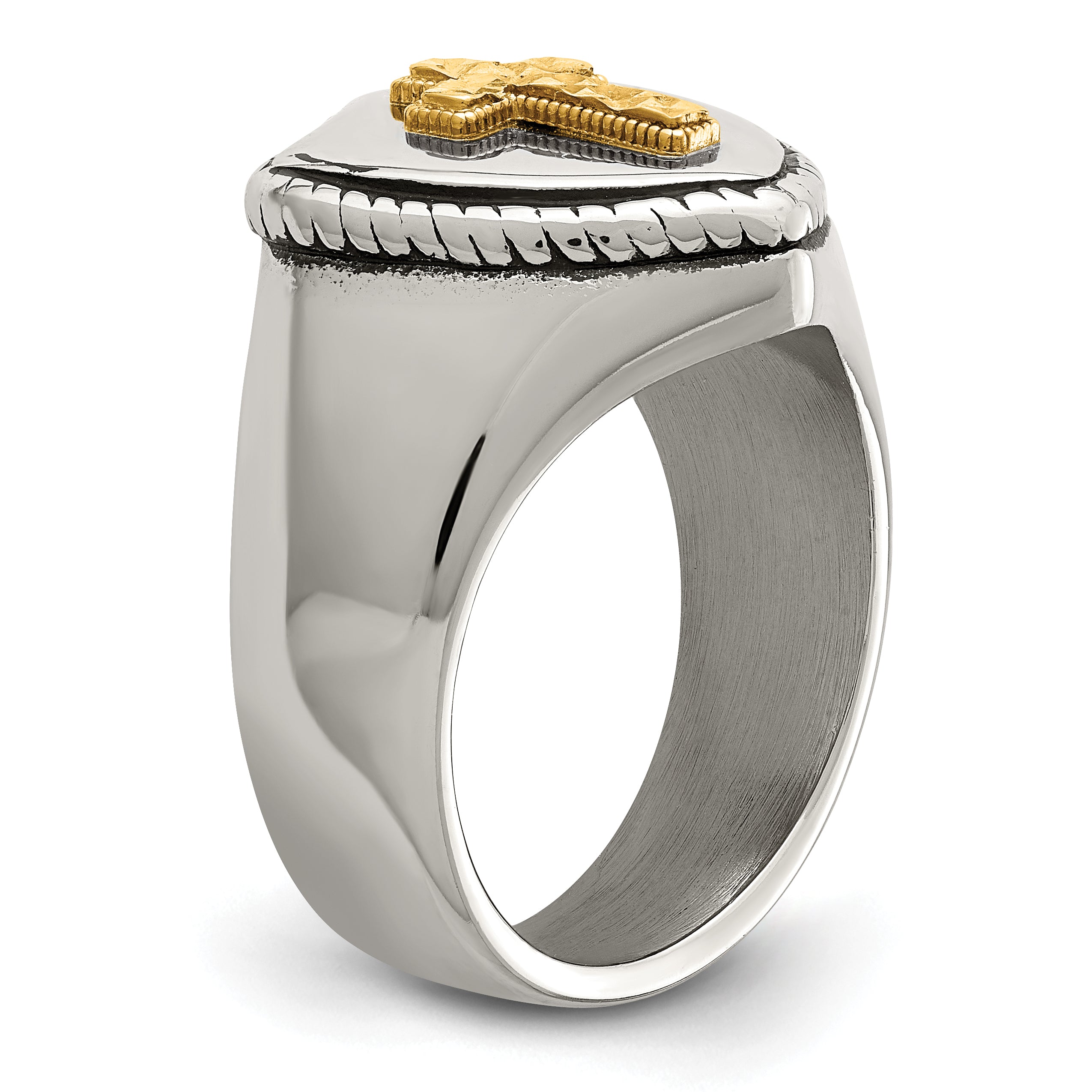 Stainless Steel with 14k Gold Accent Antiqued and Polished Cross on Shield Ring