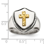 Stainless Steel with 14k Gold Accent Antiqued and Polished Cross on Shield Ring