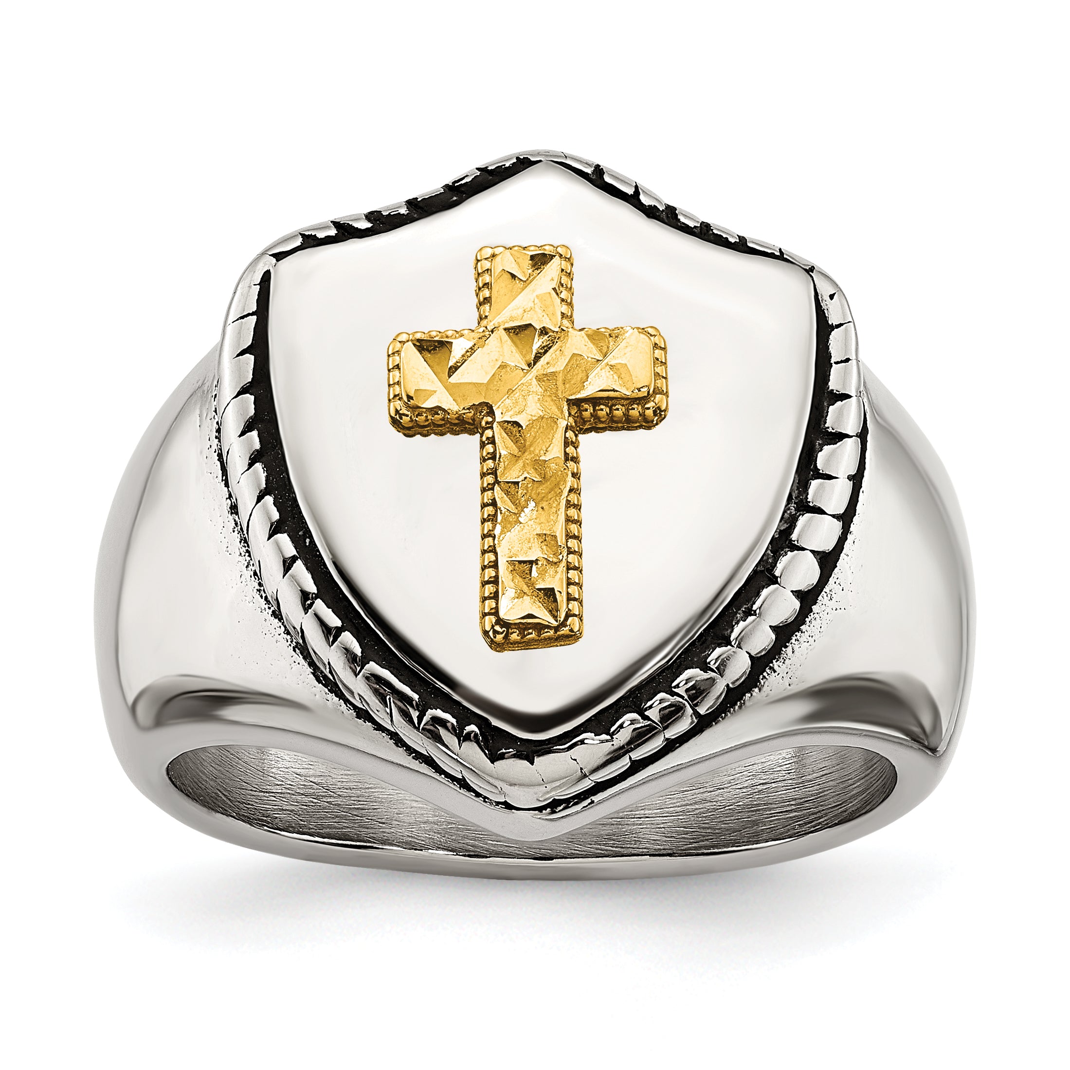 Stainless Steel with 14k Gold Accent Antiqued and Polished Cross on Shield Ring Main image