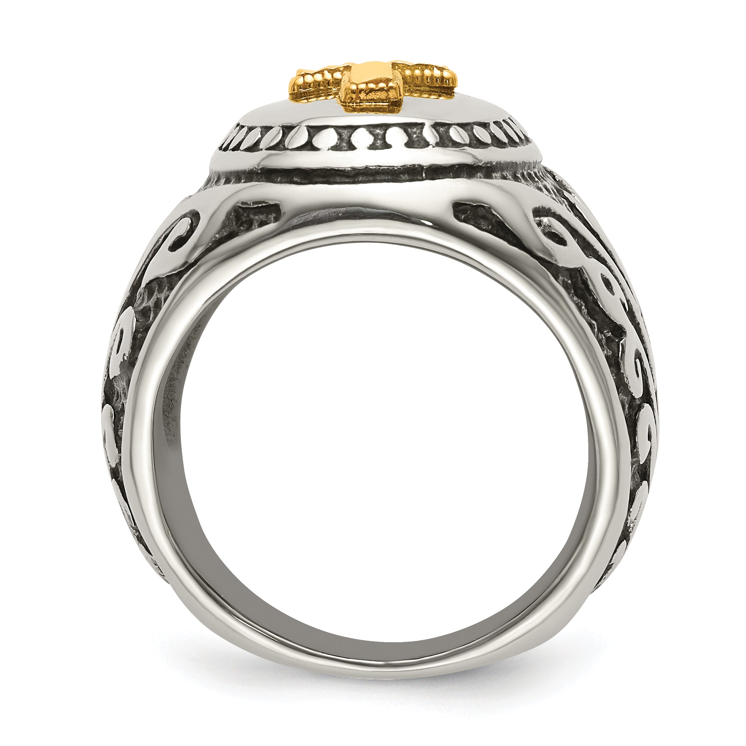 Stainless Steel with 14k Gold Accent Antiqued and Polished Cross Ring Secondary image