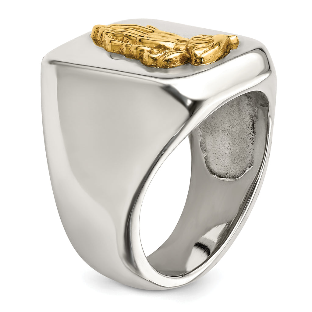 Stainless Steel with 14k Gold Accent Polished Praying Hands Ring