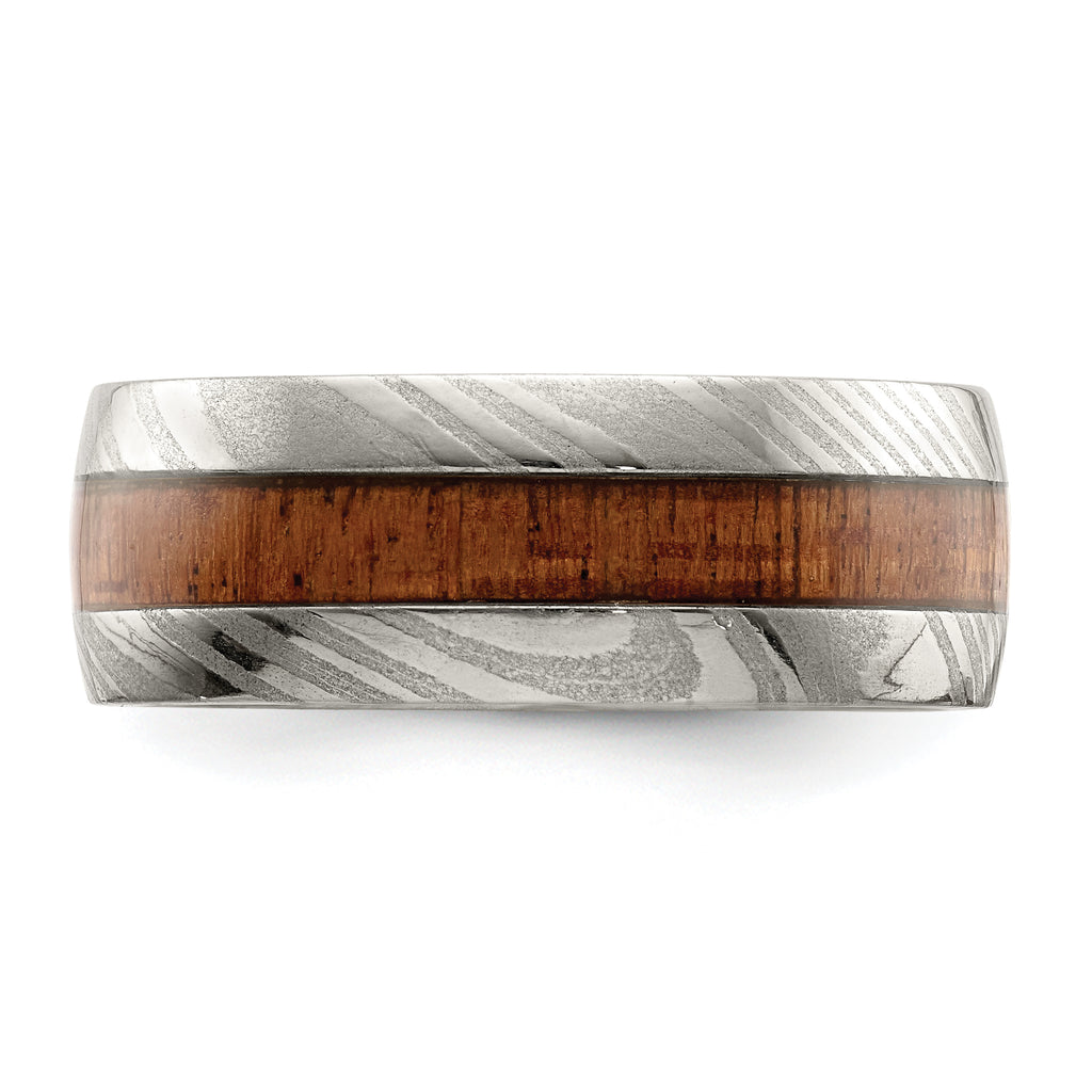 Sapele Wood Inlay Wedding Band in Damascus Steel, 8mm