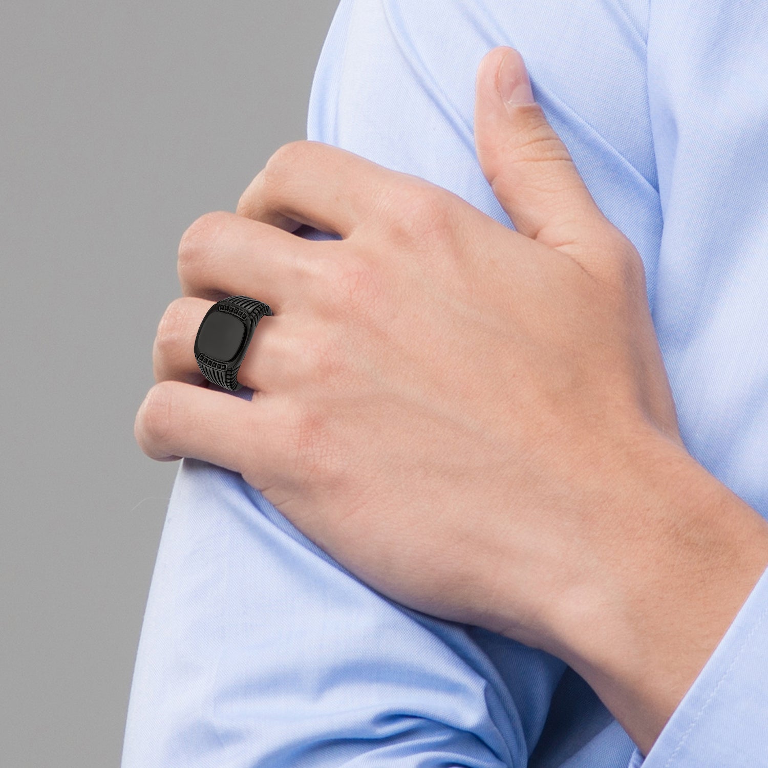 Stainless Steel Polished Black IP-plated with Black CZ Signet Ring