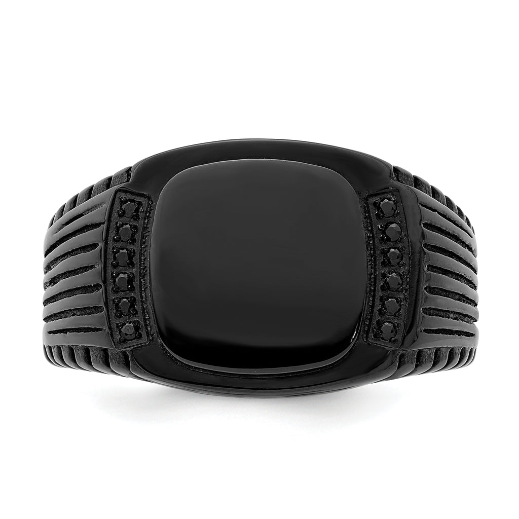 Stainless Steel Polished Black IP-plated with Black CZ Signet Ring