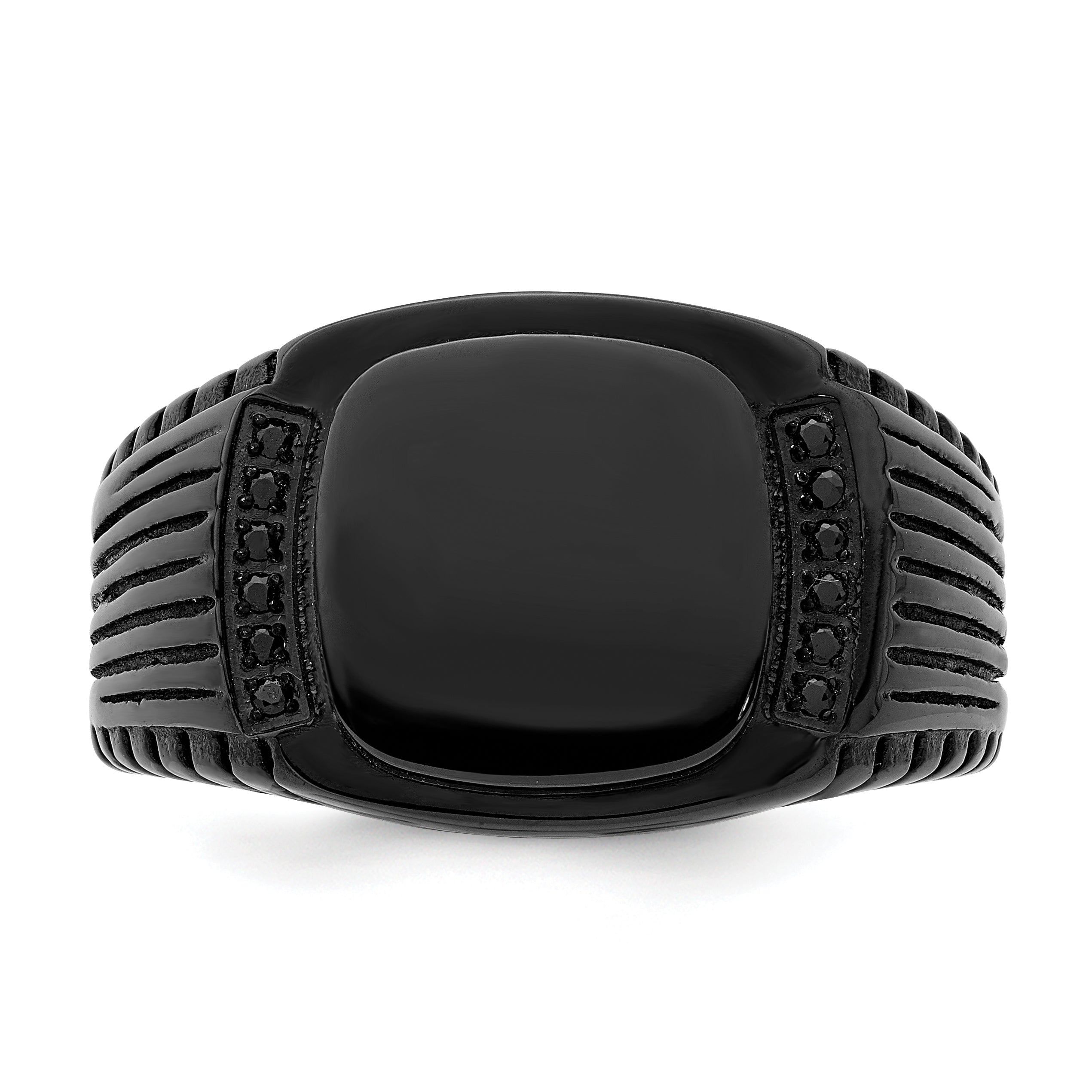Stainless Steel Polished Black IP-plated with Black CZ Signet Ring
