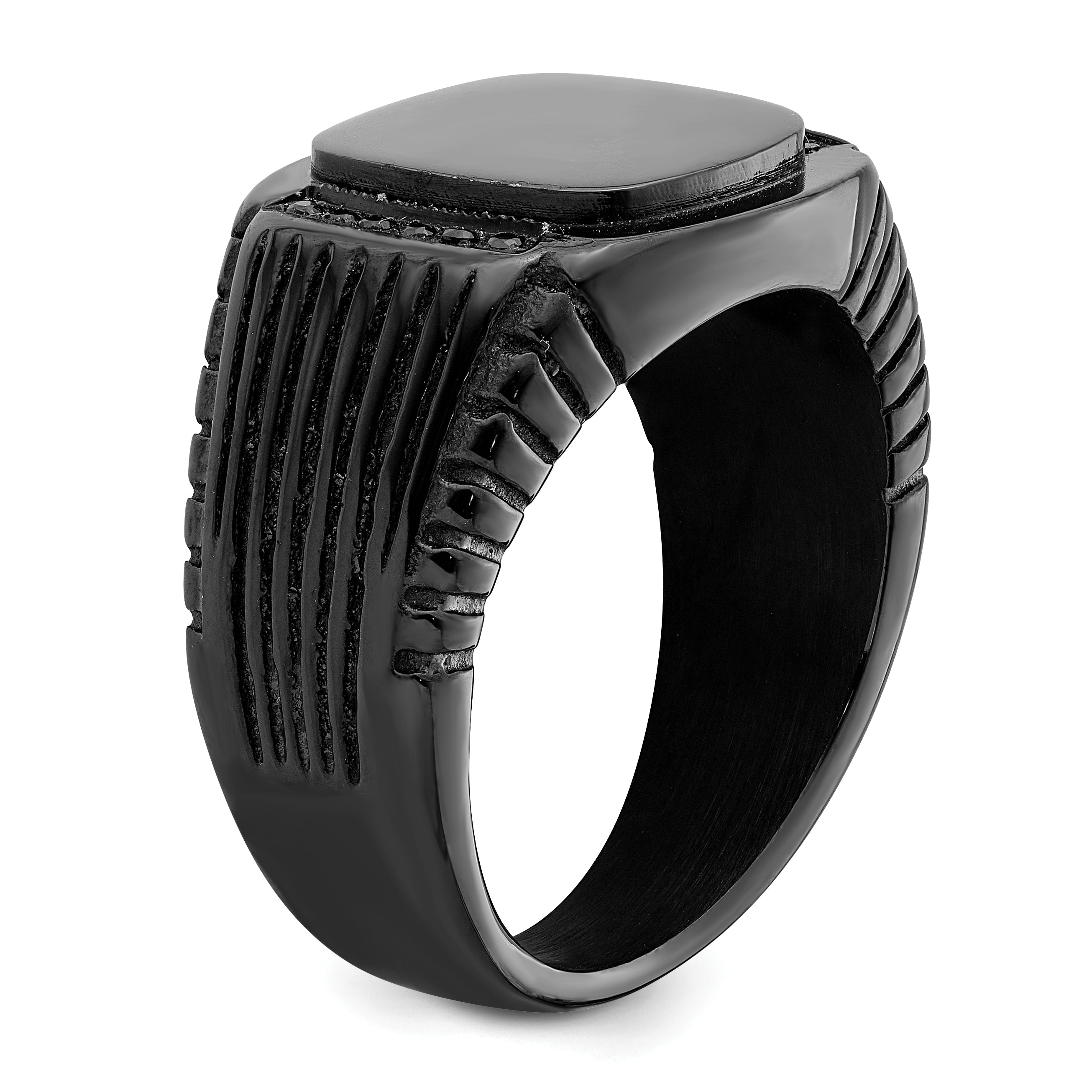 Stainless Steel Polished Black IP-plated with Black CZ Signet Ring