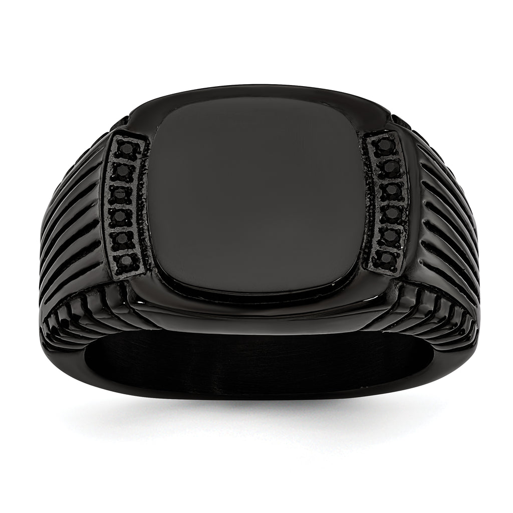 Stainless Steel Polished Black IP-plated with Black CZ Signet Ring
