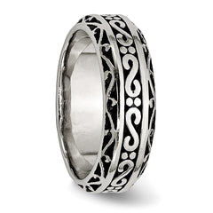Stainless Steel Antiqued and Polished Swirl Design 7mm Band