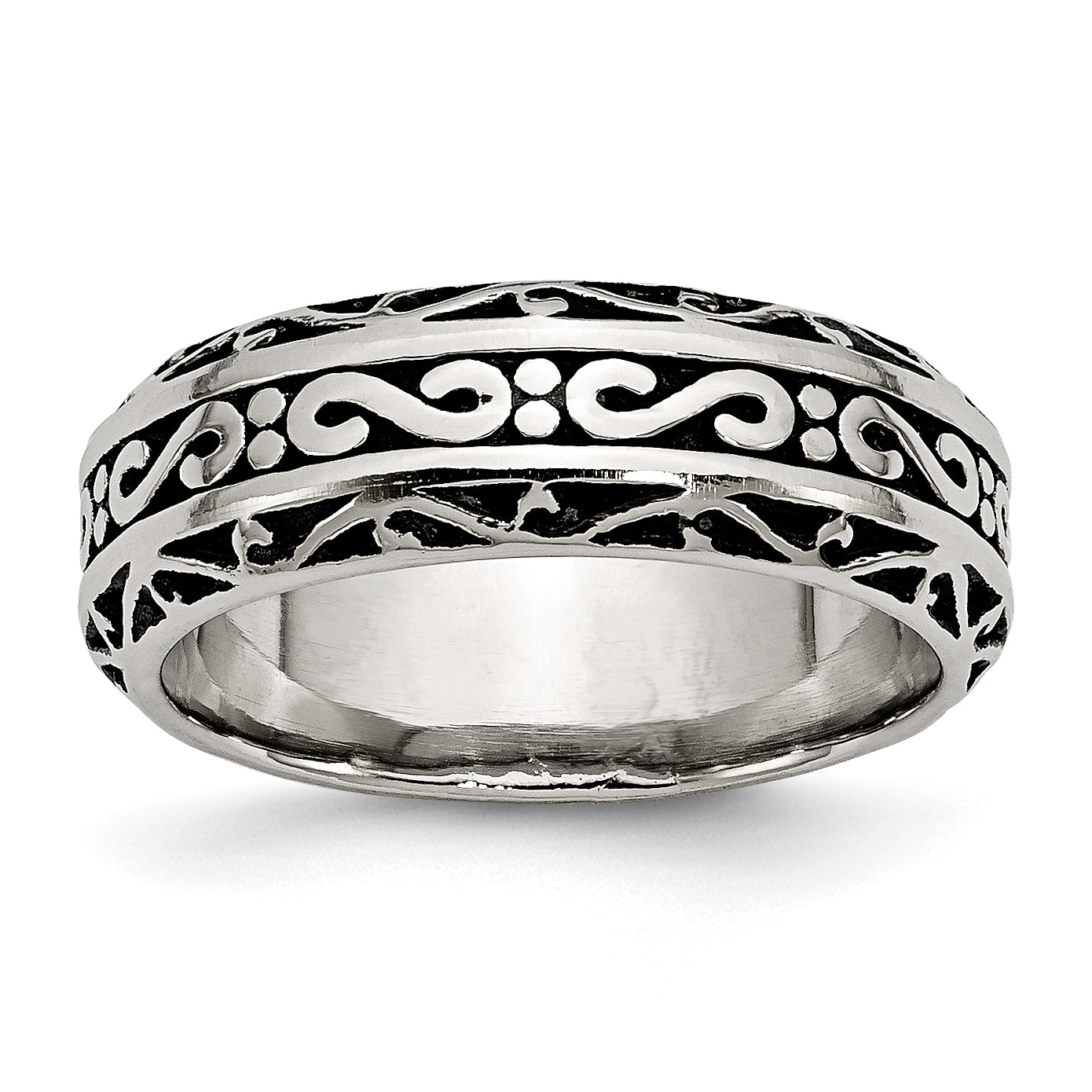 Stainless Steel Antiqued and Polished Swirl Design 7mm Band