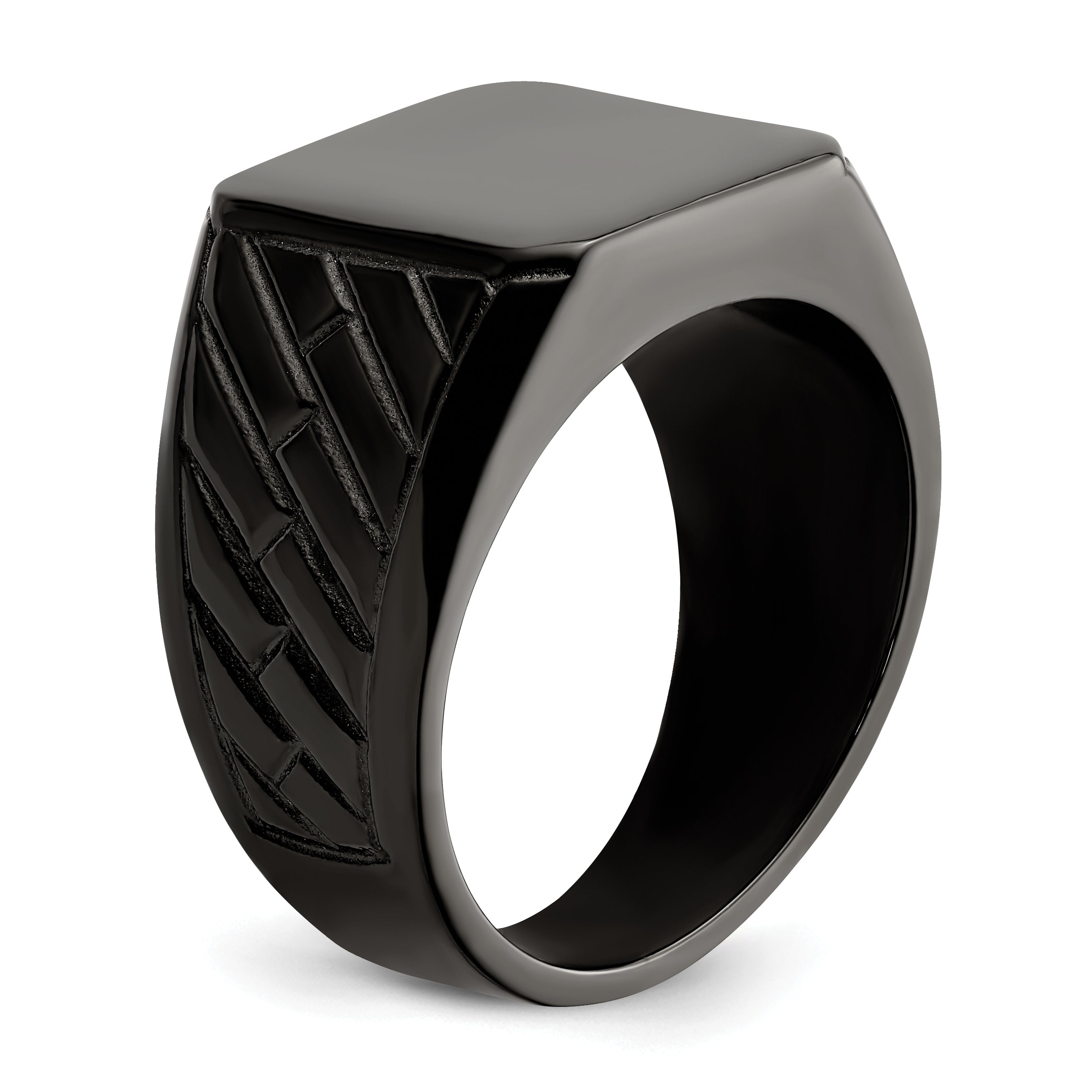 Stainless Steel Polished Black IP-plated Brick Design Signet Ring