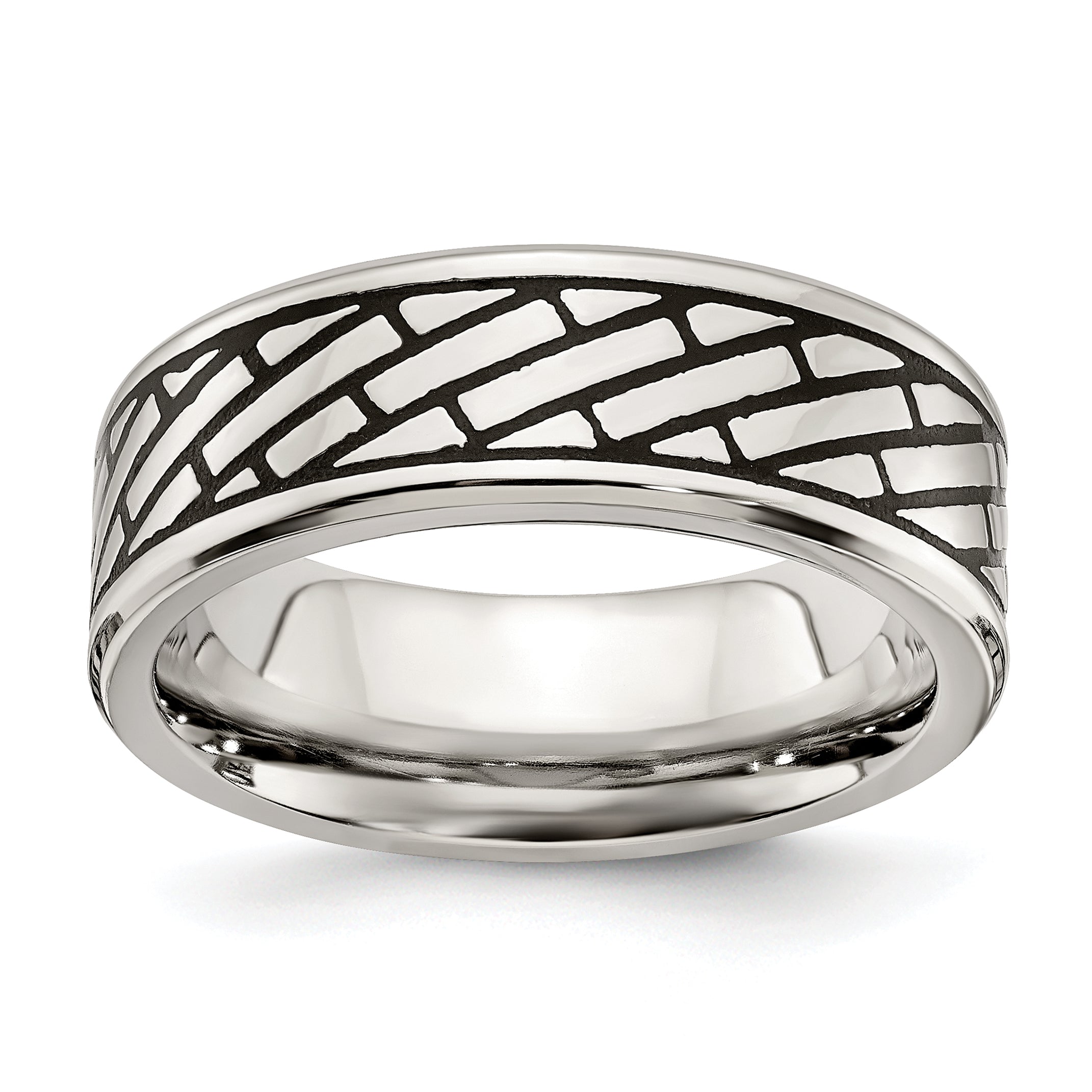 Stainless Steel Antiqued and Polished Brick Pattern 7.5mm Band Main image