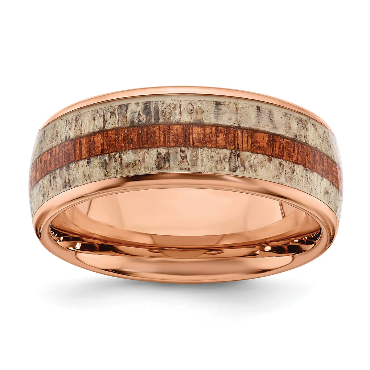 Stainless Steel Polished Rose IP-plated with Wood and Antler Inlay 8mm Band