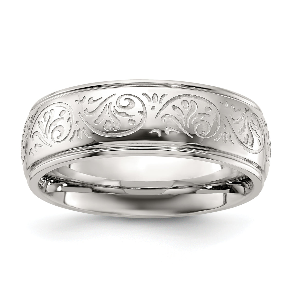 Stainless Steel Polished Etched Design Ridged Edge 7.5mm Band