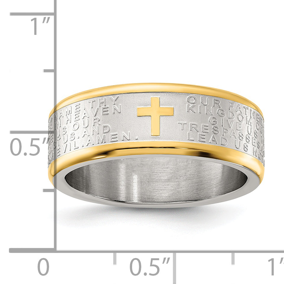 Stainless Steel Brushed and Polished Yellow IP-plated Lord's Prayer 8mm Band