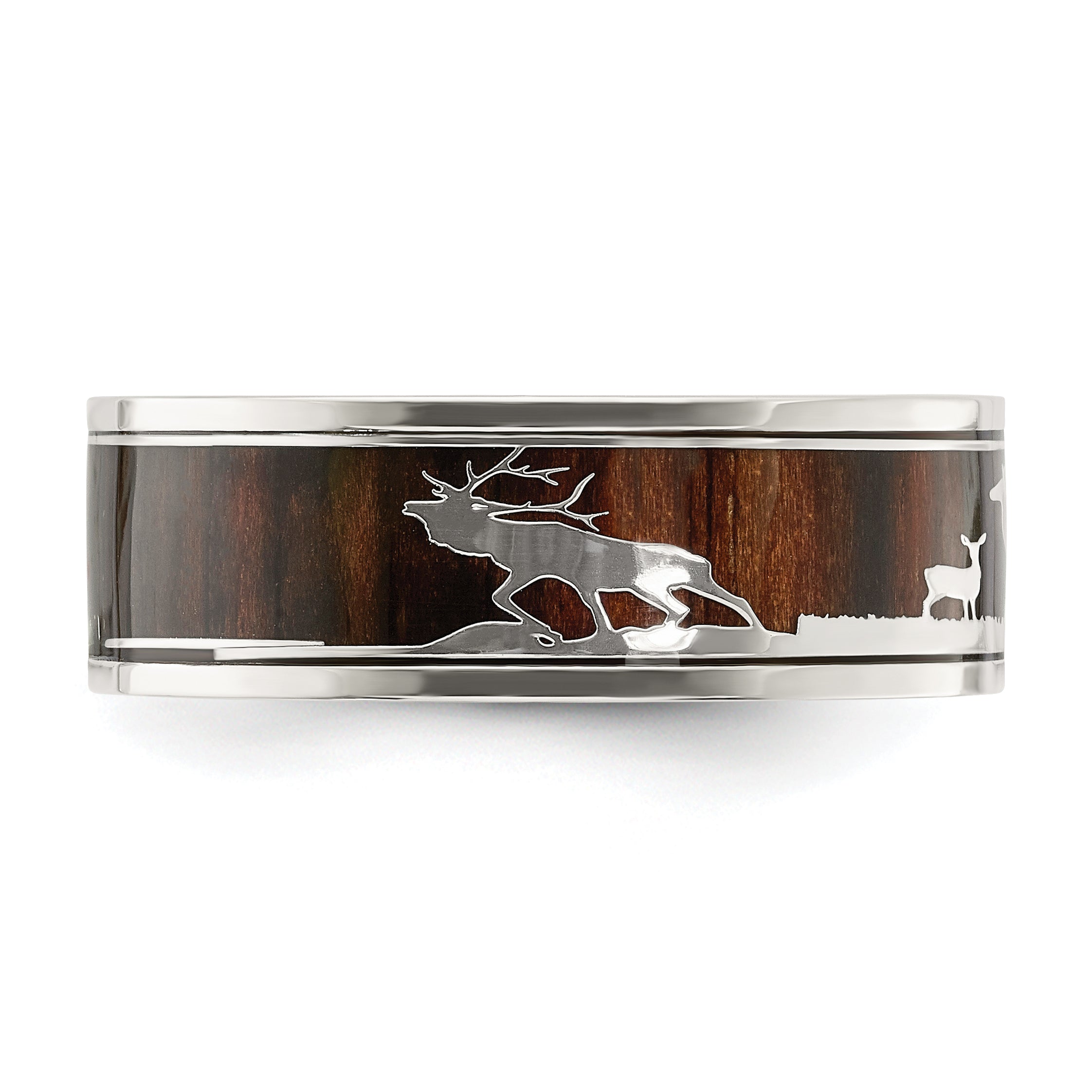 Stainless Steel Polished with Wood Inlay Deer Design 8mm Band