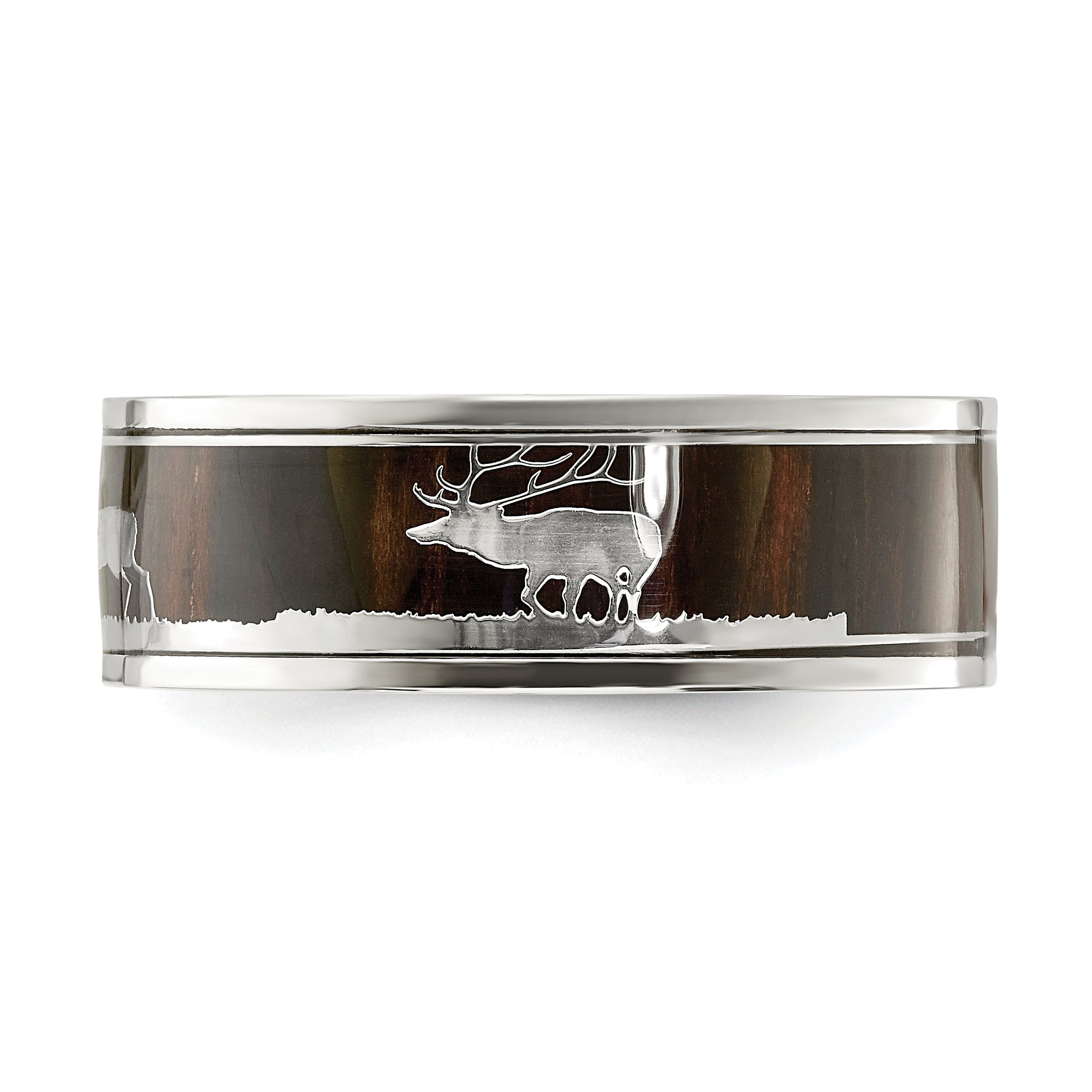 Stainless Steel Polished with Wood Inlay Deer Design 8mm Band