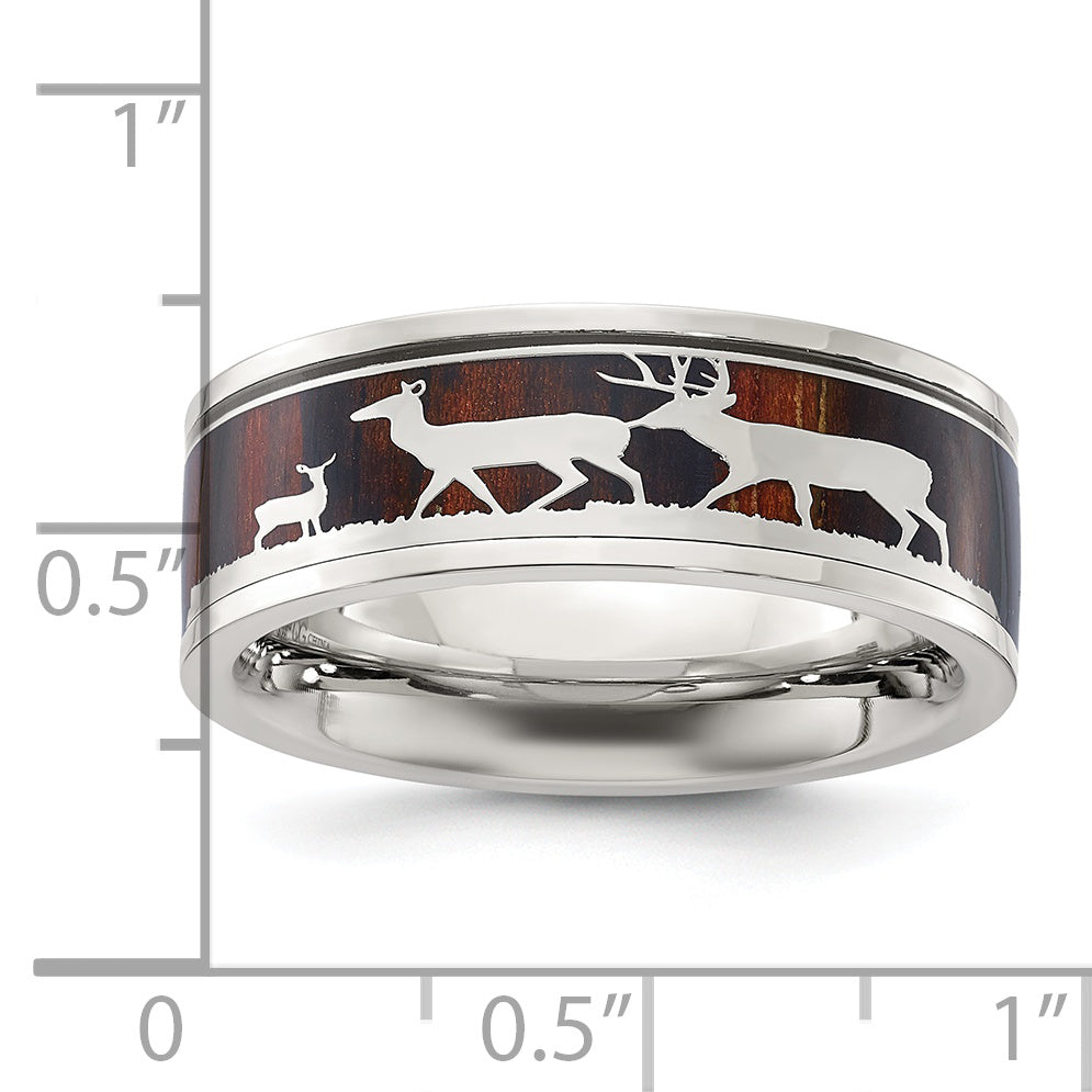 Stainless Steel Polished with Wood Inlay Deer Design 8mm Band