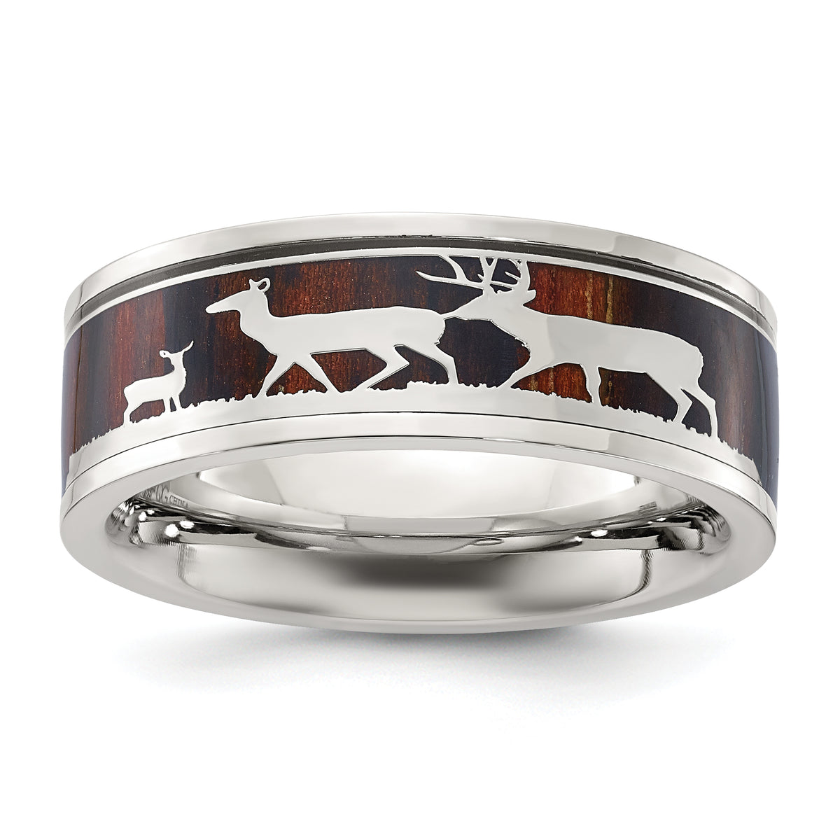 Stainless Steel Polished with Wood Inlay Deer Design 8mm Band