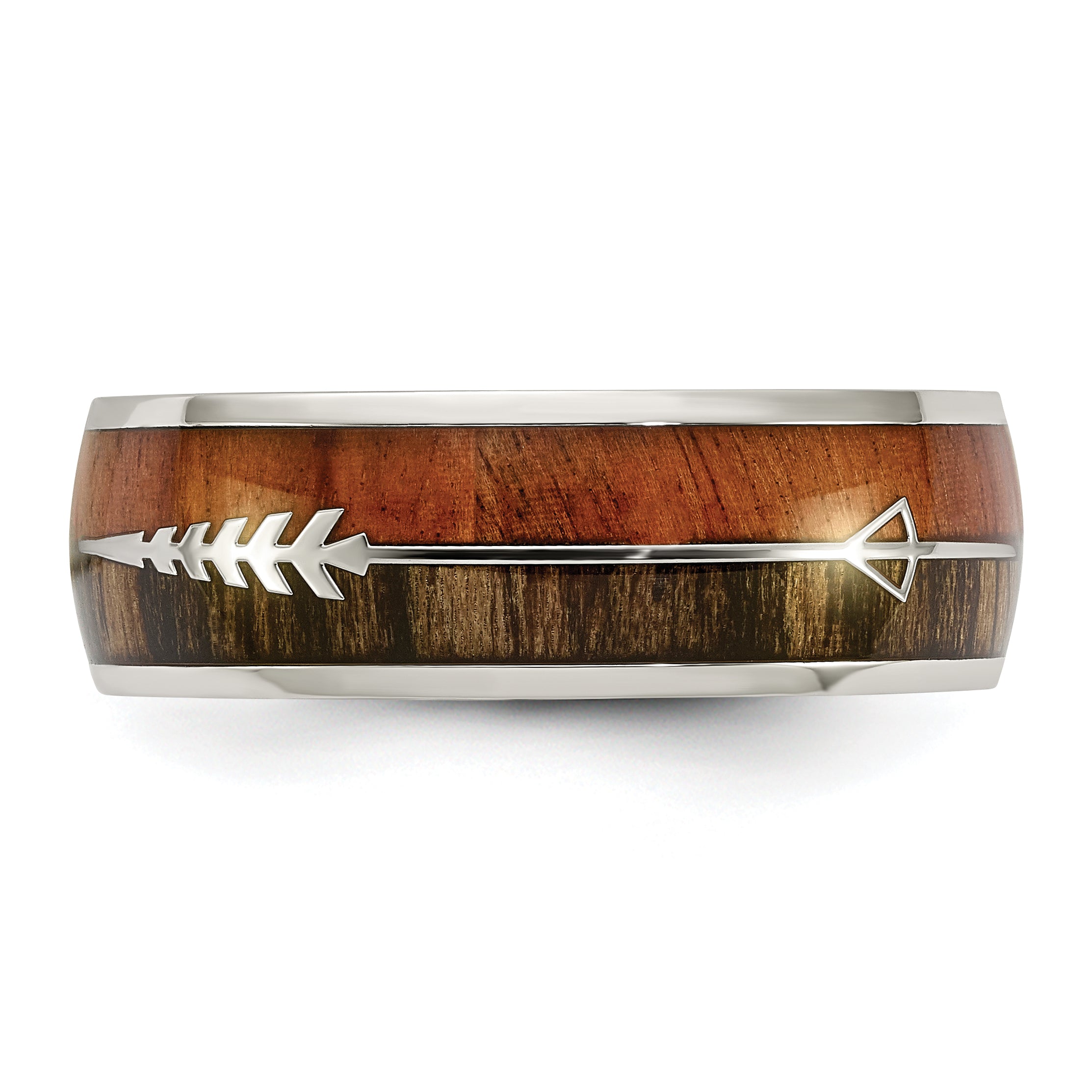 Stainless Steel Polished with Wood Inlay Arrow 8mm Band