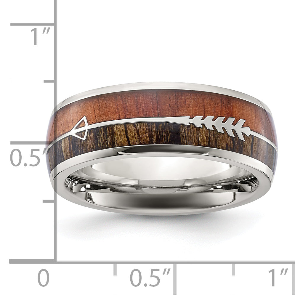 Stainless Steel Polished with Wood Inlay Arrow 8mm Band