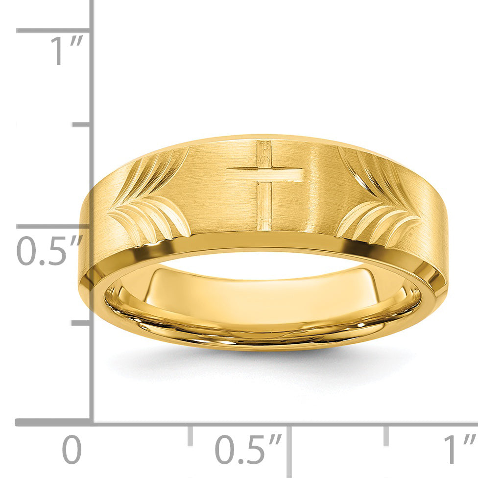 Stainless Steel Brushed and Polished Yellow IP-plated Diamond-cut Cross 8mm Tapered Band