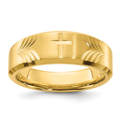 Stainless Steel Brushed and Polished Yellow IP-plated Diamond-cut Cross 8mm Tapered Band