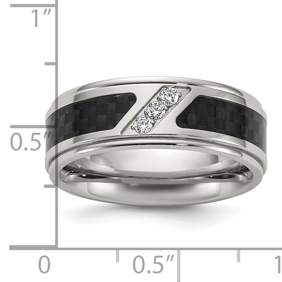 Stainless Steel Polished with Black Carbon Fiber Inlay and CZ 8mm Band